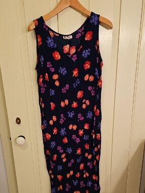 Sleeveless Navy Maxi Dress with Red and Purple Floral Print